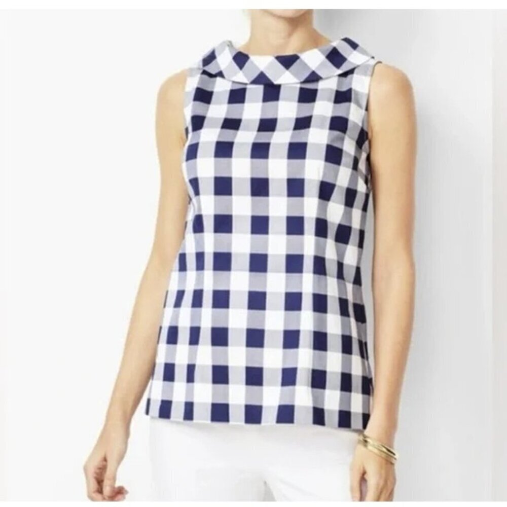 🔥Talbots Audrey Checked Gingham Sleeveless Button Back Blue And White Tank Top